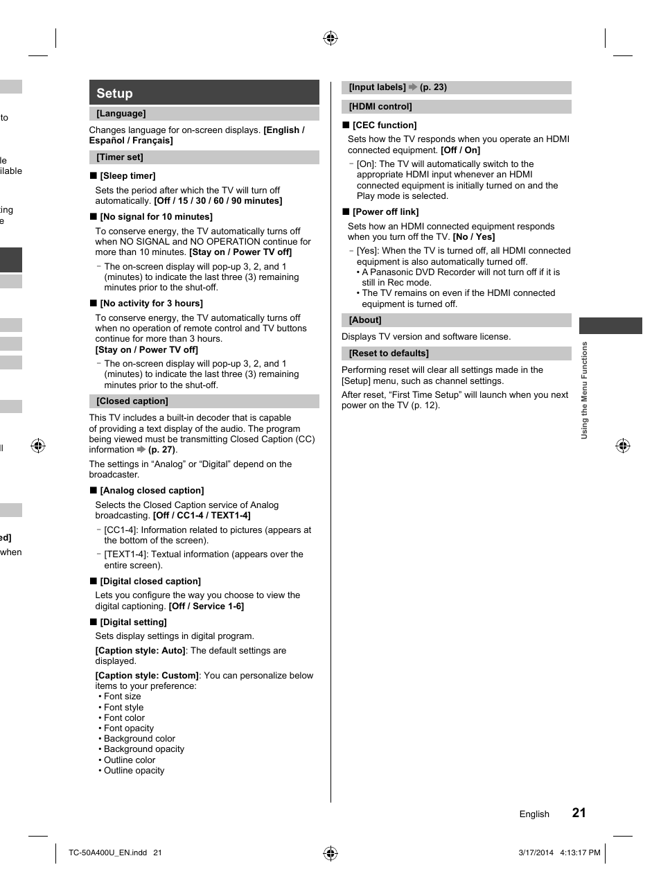 Setup | Panasonic TC-50A400U User Manual | Page 21 / 32