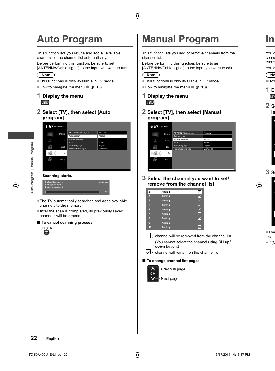 Auto program, Manual program, Display the menu | Select [tv], then select [auto program, Select [tv], then select [manual program, Se la | Panasonic TC-50A400U User Manual | Page 22 / 32