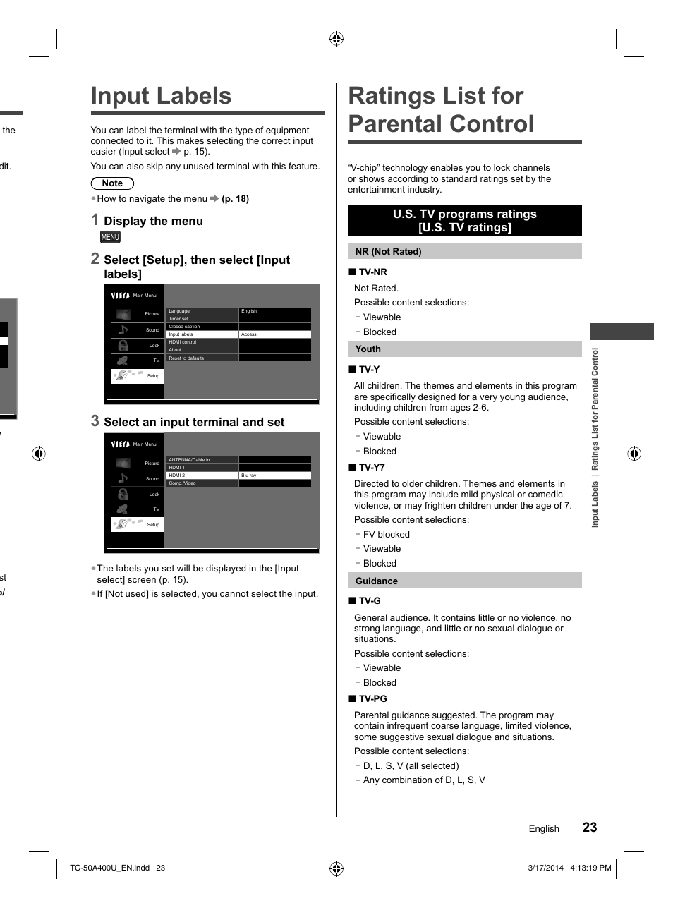 Input labels, Ratings list for parental control, Display the menu | Select [setup], then select [input labels, Select an input terminal and set, U.s. tv programs ratings [u.s. tv ratings | Panasonic TC-50A400U User Manual | Page 23 / 32