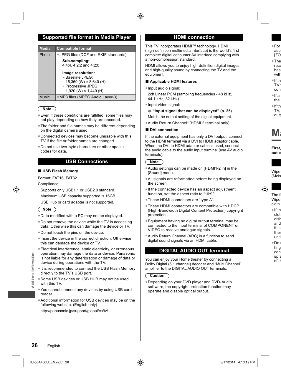 Supported file format in media player, Usb connections, Hdmi connection | Digital audio out terminal | Panasonic TC-50A400U User Manual | Page 26 / 32