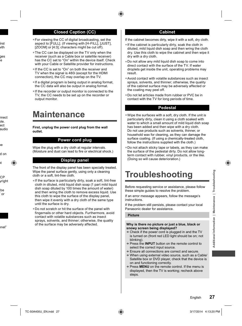 Maintenance, Troubleshooting, Closed caption (cc) | Power cord plug, Display panel, Cabinet, Pedestal | Panasonic TC-50A400U User Manual | Page 27 / 32