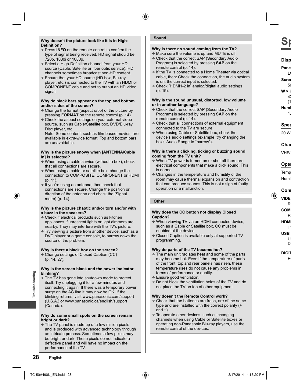 Disp, Spea, Chan | Oper, Conn | Panasonic TC-50A400U User Manual | Page 28 / 32