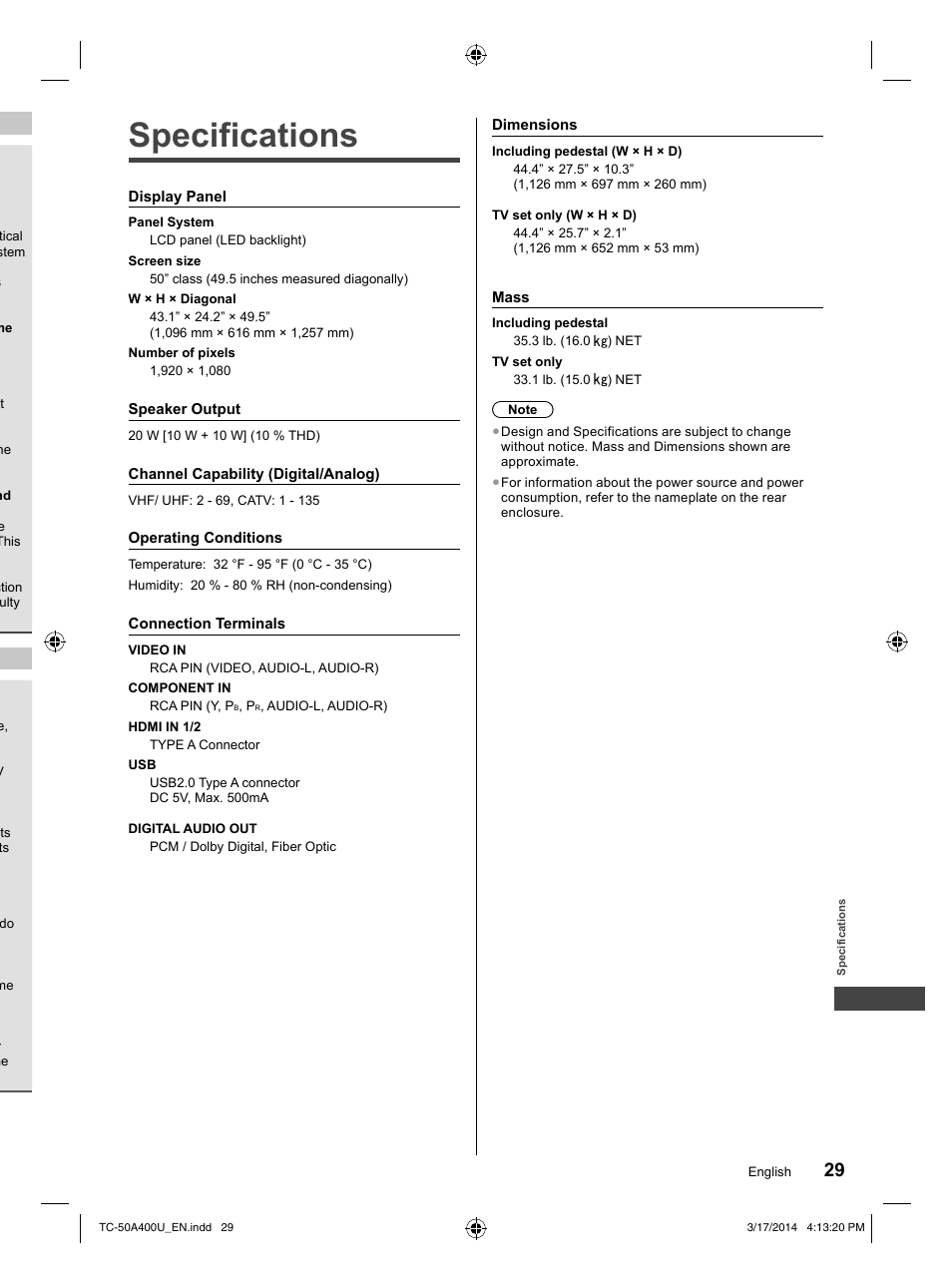 Specifications | Panasonic TC-50A400U User Manual | Page 29 / 32