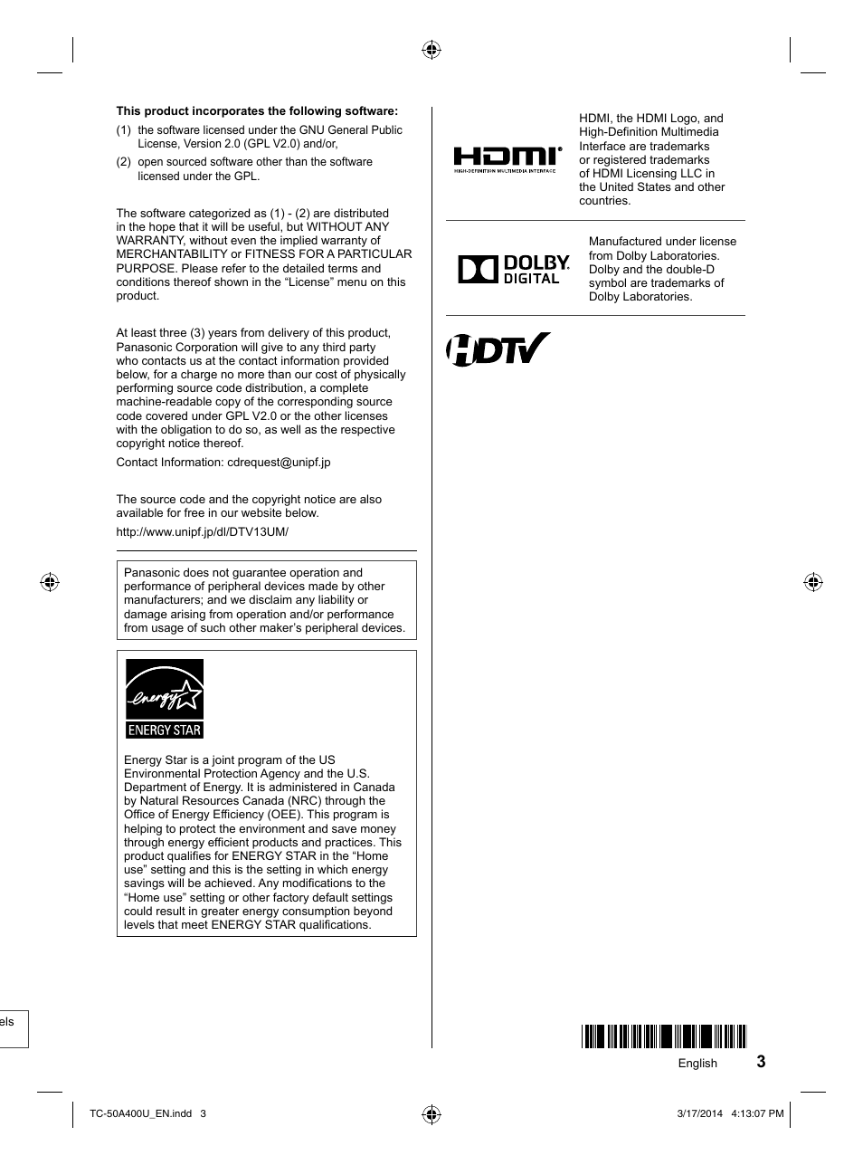 Panasonic TC-50A400U User Manual | Page 3 / 32