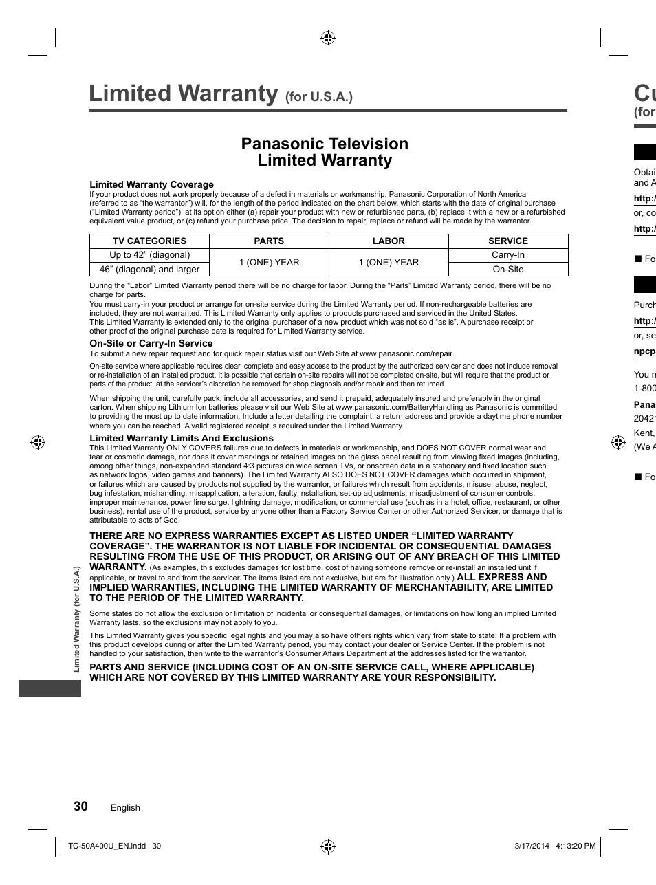 Limited warranty (for u.s.a.), Limited warranty, Panasonic television limited warranty | For u.s.a.) | Panasonic TC-50A400U User Manual | Page 30 / 32
