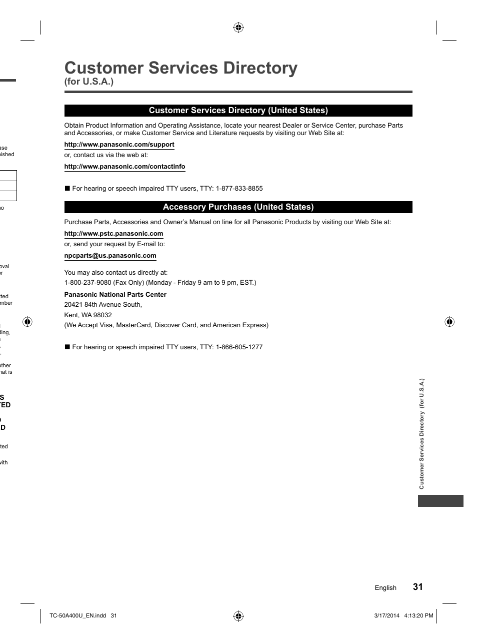 Customer services directory (for u.s.a.), Customer services directory, For u.s.a.) | Panasonic TC-50A400U User Manual | Page 31 / 32