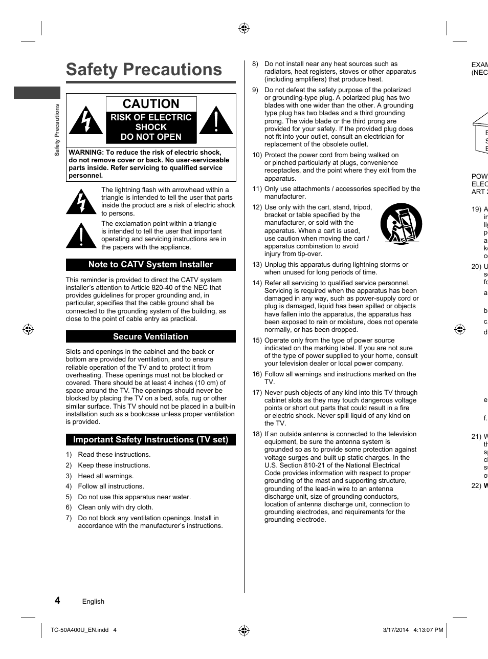 Safety precautions, Caution | Panasonic TC-50A400U User Manual | Page 4 / 32
