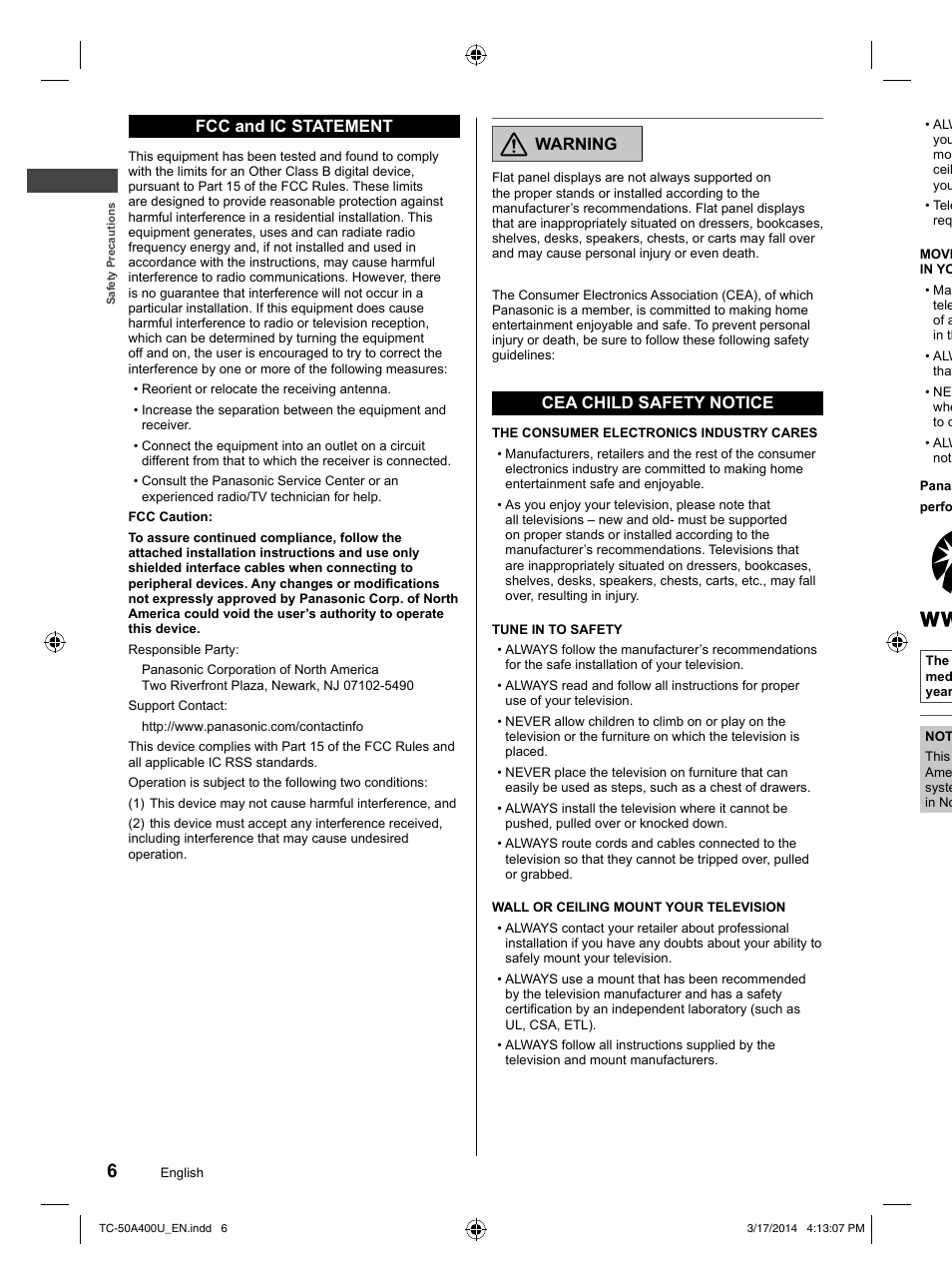 Fcc and ic statement, Warning, Cea child safety notice | Panasonic TC-50A400U User Manual | Page 6 / 32