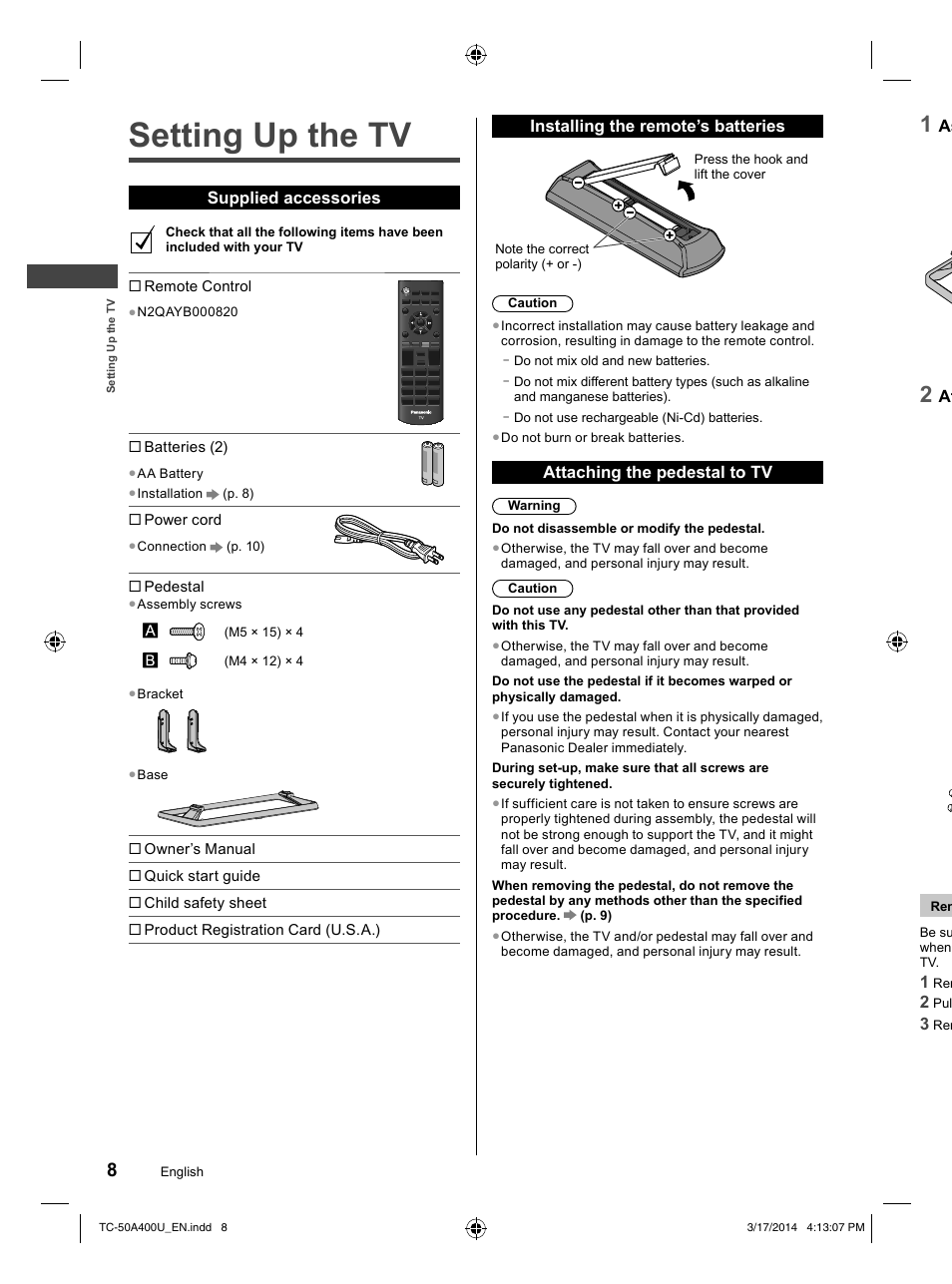 Setting up the tv | Panasonic TC-50A400U User Manual | Page 8 / 32