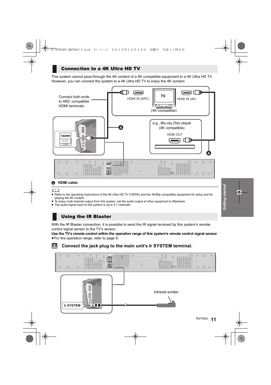 Connection to a 4k ultra hd tv, Using the ir blaster | Panasonic SC-HTB580 User Manual | Page 11 / 34