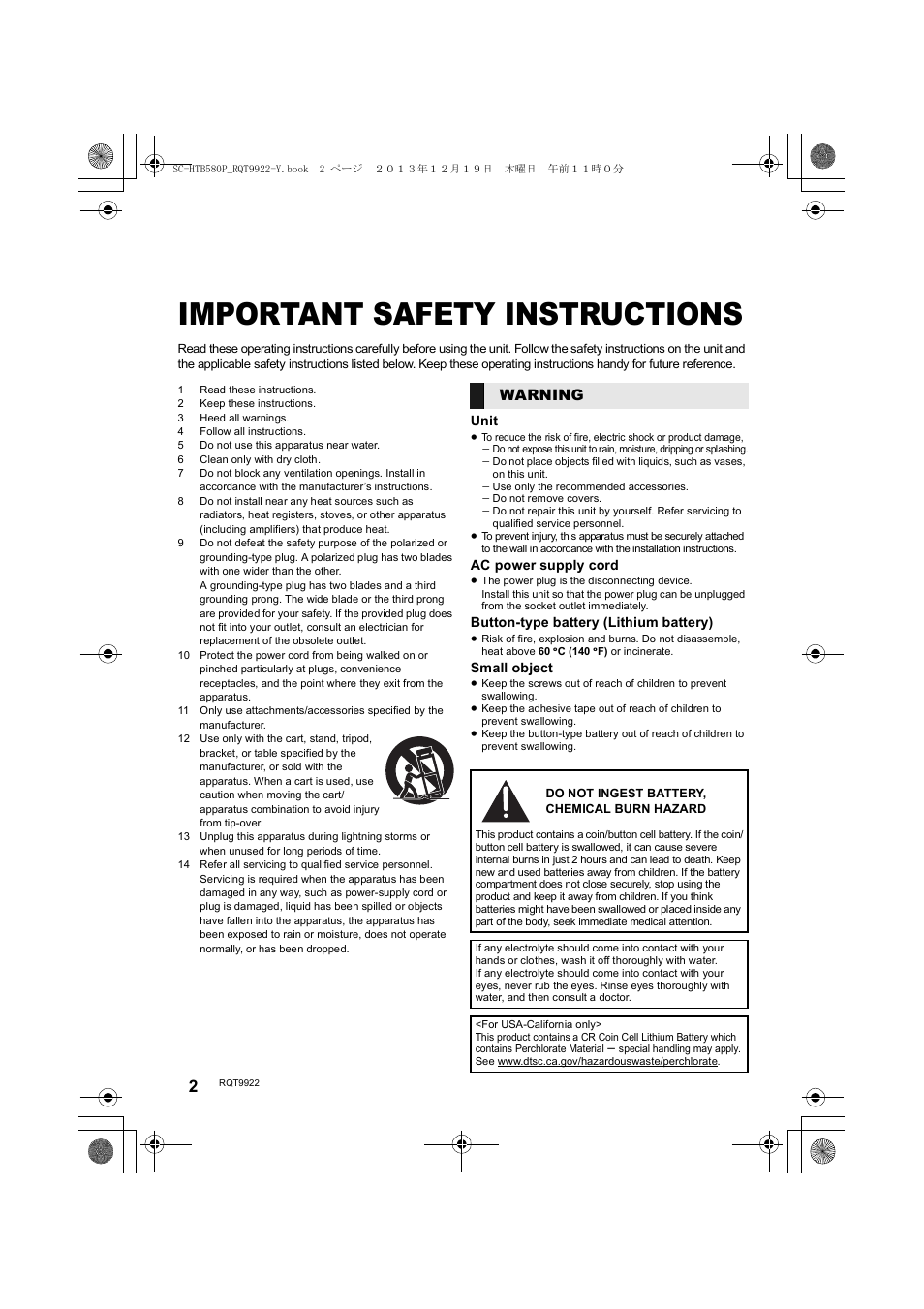 Important safety instructions, Warning | Panasonic SC-HTB580 User Manual | Page 2 / 34