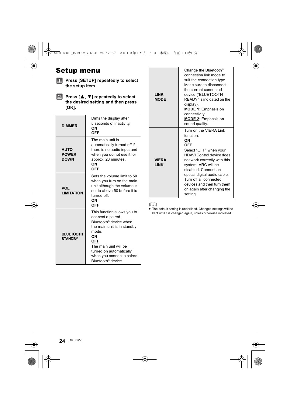 Setup menu | Panasonic SC-HTB580 User Manual | Page 24 / 34