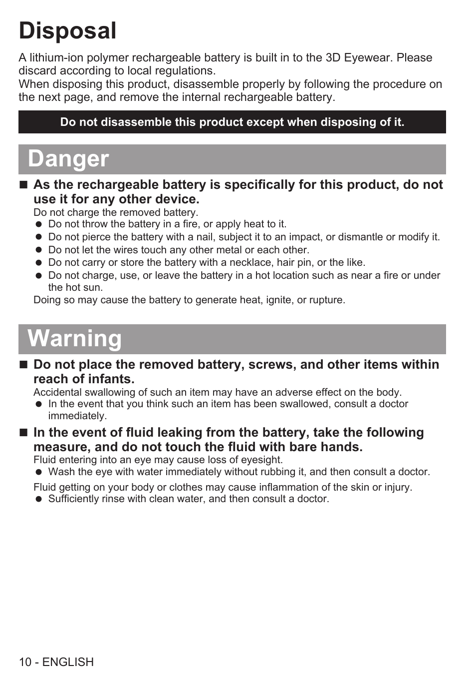 Disposal, Danger, Warning | Panasonic TY-EW3D2SU User Manual | Page 10 / 18