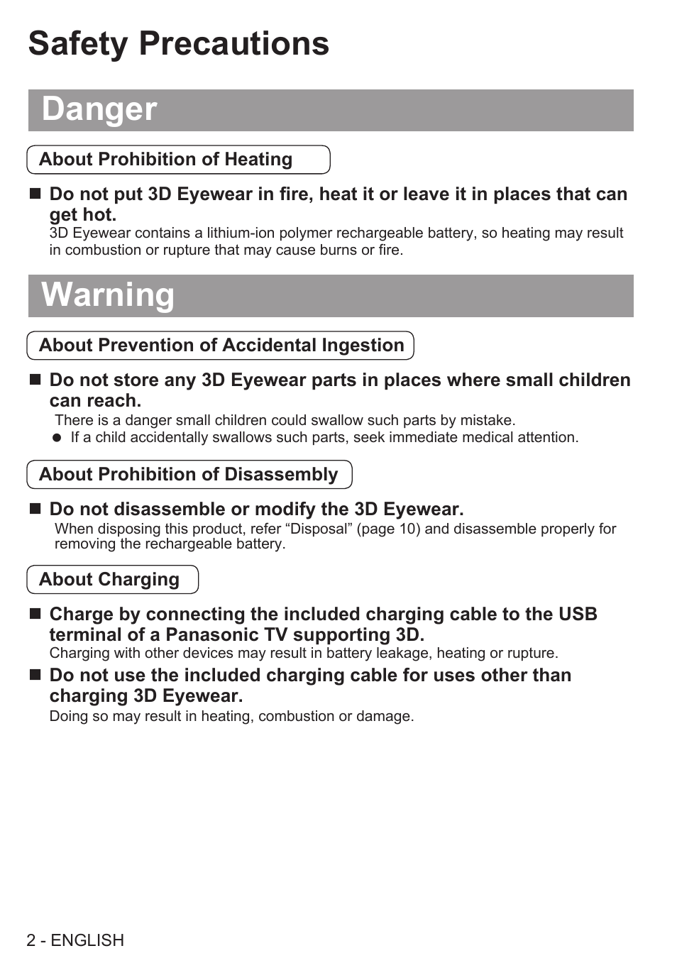 Safety precautions, Safety precautions danger, Warning | Panasonic TY-EW3D2SU User Manual | Page 2 / 18