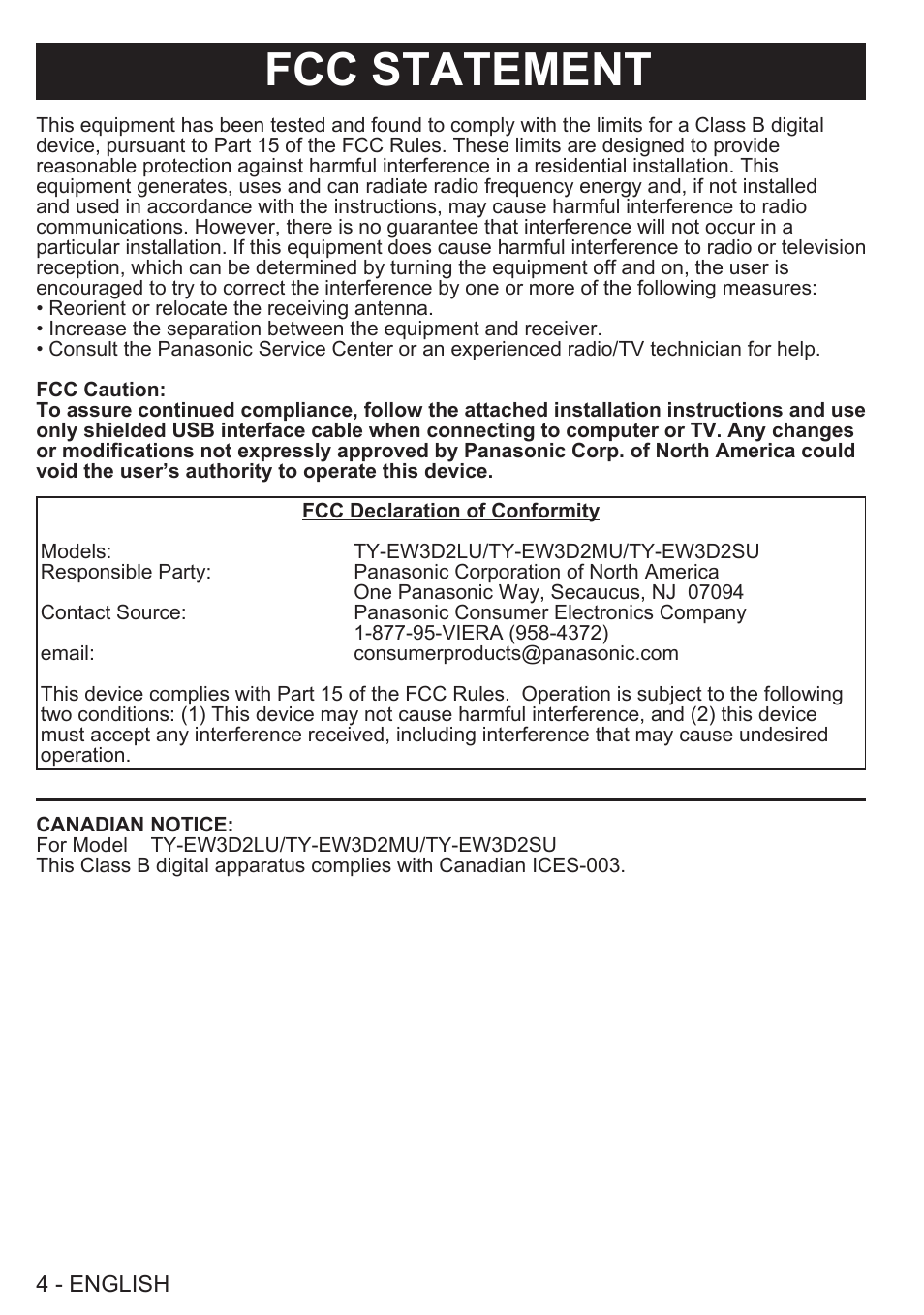 Fcc statement | Panasonic TY-EW3D2SU User Manual | Page 4 / 18