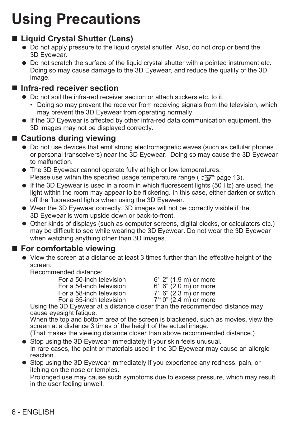 Using precautions, Liquid crystal shutter (lens), Cautions during viewing | For comfortable viewing | Panasonic TY-EW3D2SU User Manual | Page 6 / 18