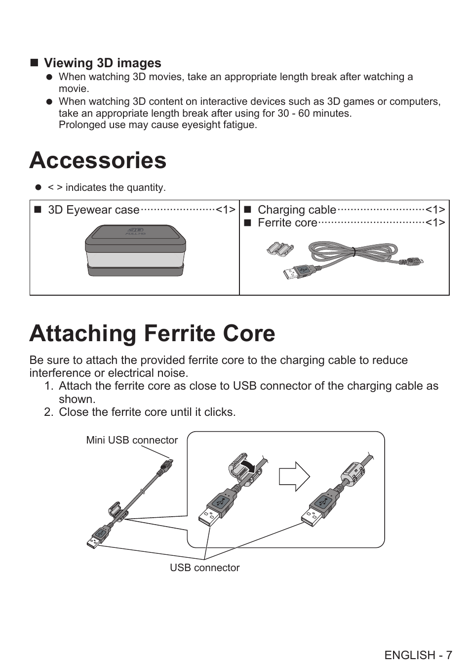 Accessories, Attaching ferrite core | Panasonic TY-EW3D2SU User Manual | Page 7 / 18