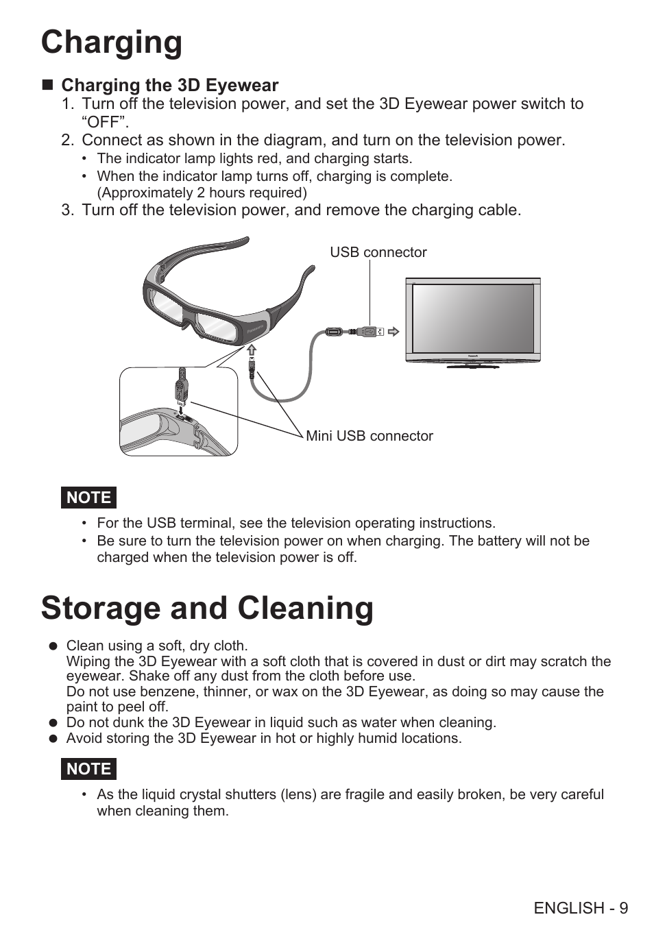 Charging, Storage and cleaning | Panasonic TY-EW3D2SU User Manual | Page 9 / 18