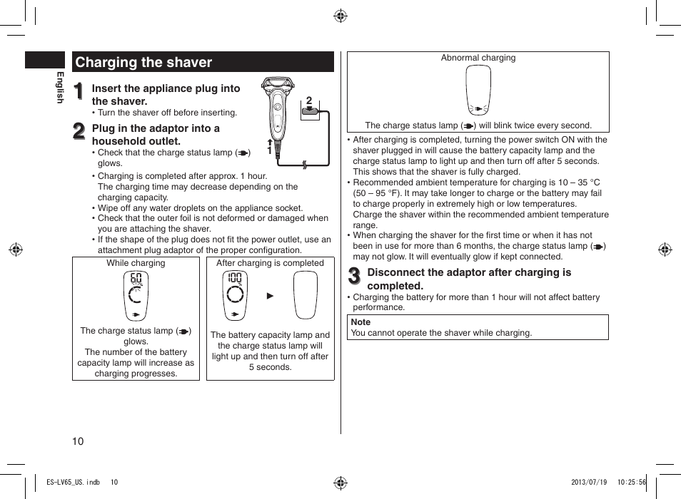 Charging the shaver, Chargingtheshaver | Panasonic ES-LV65-S User Manual | Page 10 / 52