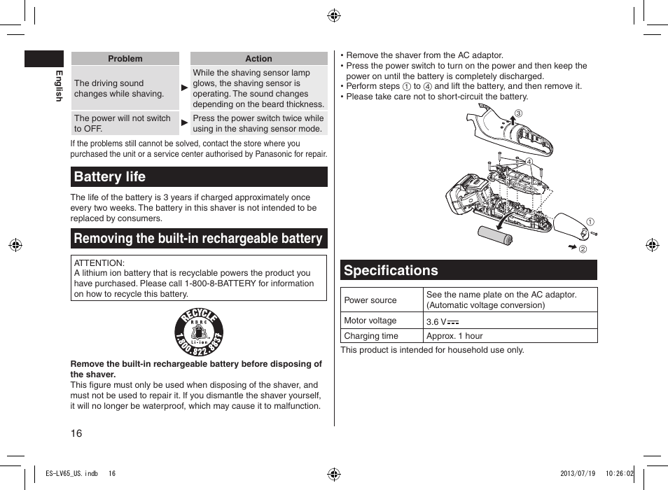 Battery life, Removing the built-in rechargeable battery, Specifications | Batterylife, Removingthebuilt-inrechargeablebattery | Panasonic ES-LV65-S User Manual | Page 16 / 52