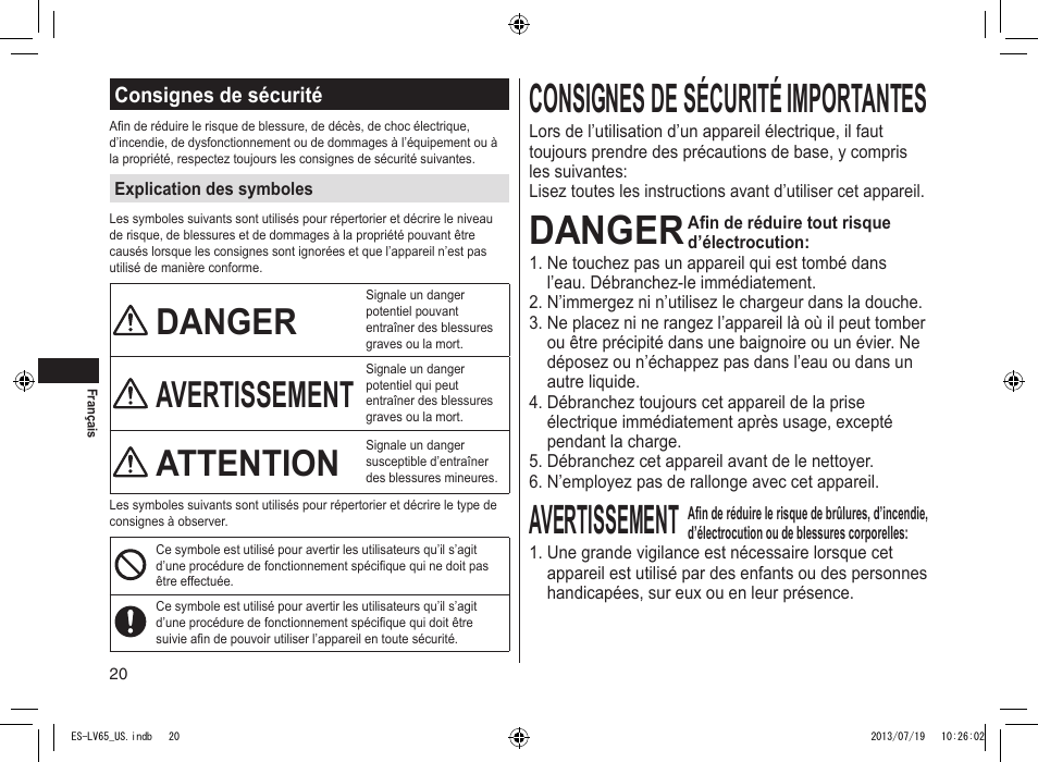 Consignes de sécurité, Consignesdesécuritéimportantes, Danger | Avertissement, Attention | Panasonic ES-LV65-S User Manual | Page 20 / 52