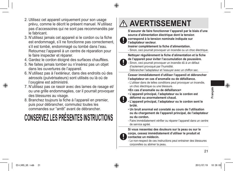 Conservezlesprésentesinstructions, Avertissement | Panasonic ES-LV65-S User Manual | Page 21 / 52