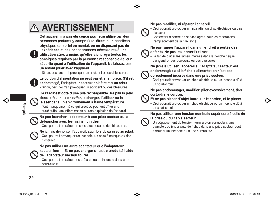 Avertissement | Panasonic ES-LV65-S User Manual | Page 22 / 52