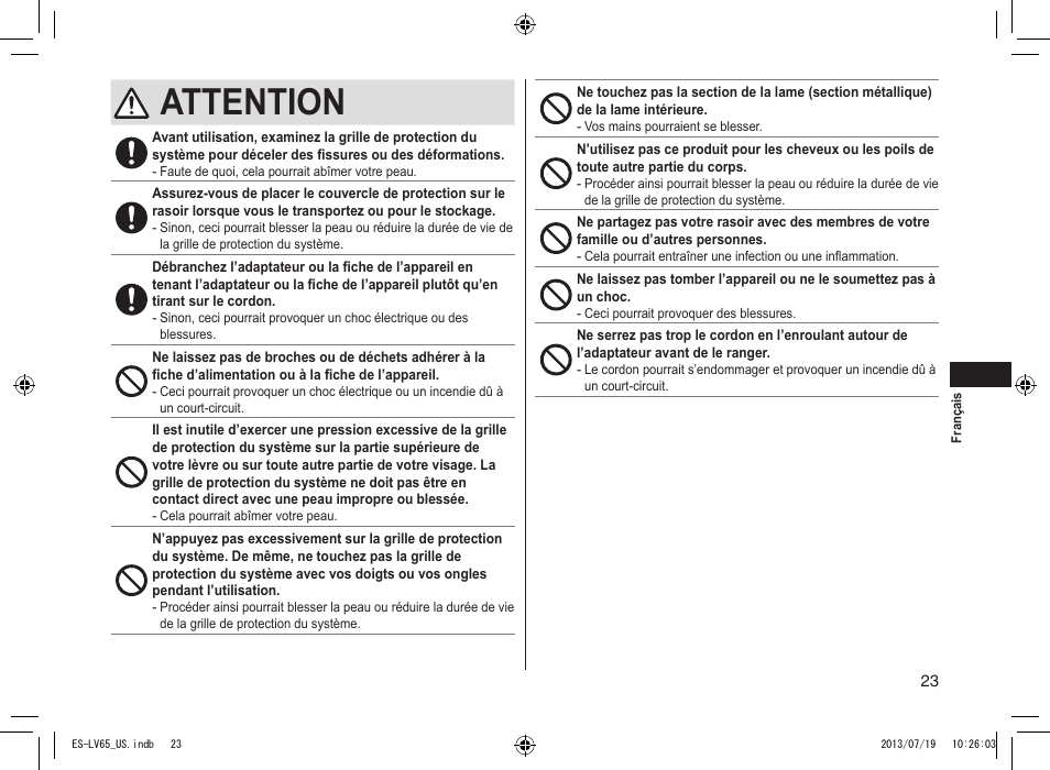 Attention | Panasonic ES-LV65-S User Manual | Page 23 / 52