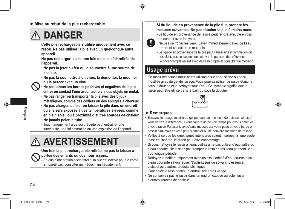 Usage prévu, Danger, Avertissement | Usageprévu | Panasonic ES-LV65-S User Manual | Page 24 / 52