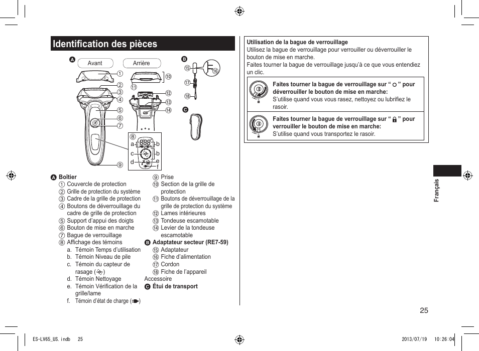 Identification des pièces, Identificationdespièces | Panasonic ES-LV65-S User Manual | Page 25 / 52