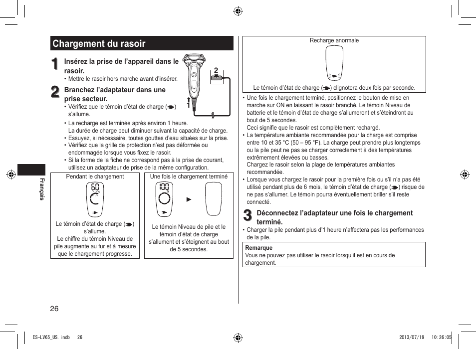 Chargement du rasoir, Chargementdurasoir | Panasonic ES-LV65-S User Manual | Page 26 / 52