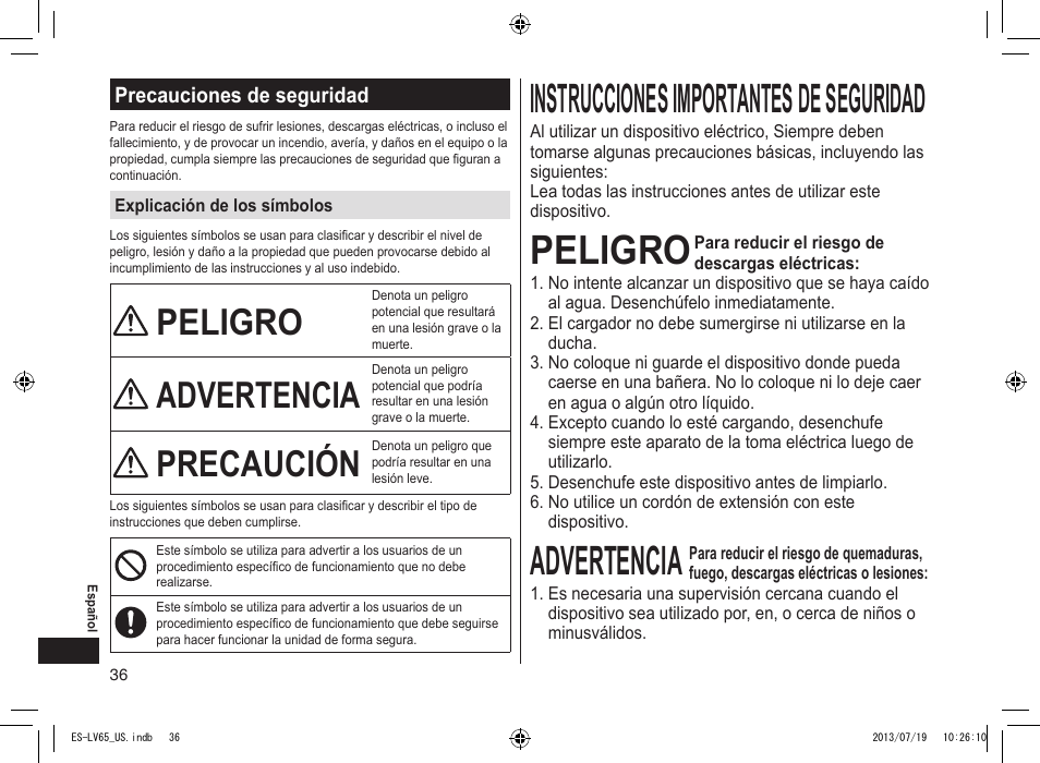 Precauciones de seguridad, Instruccionesimportantesdeseguridad, Peligro | Advertencia, Precaución | Panasonic ES-LV65-S User Manual | Page 36 / 52