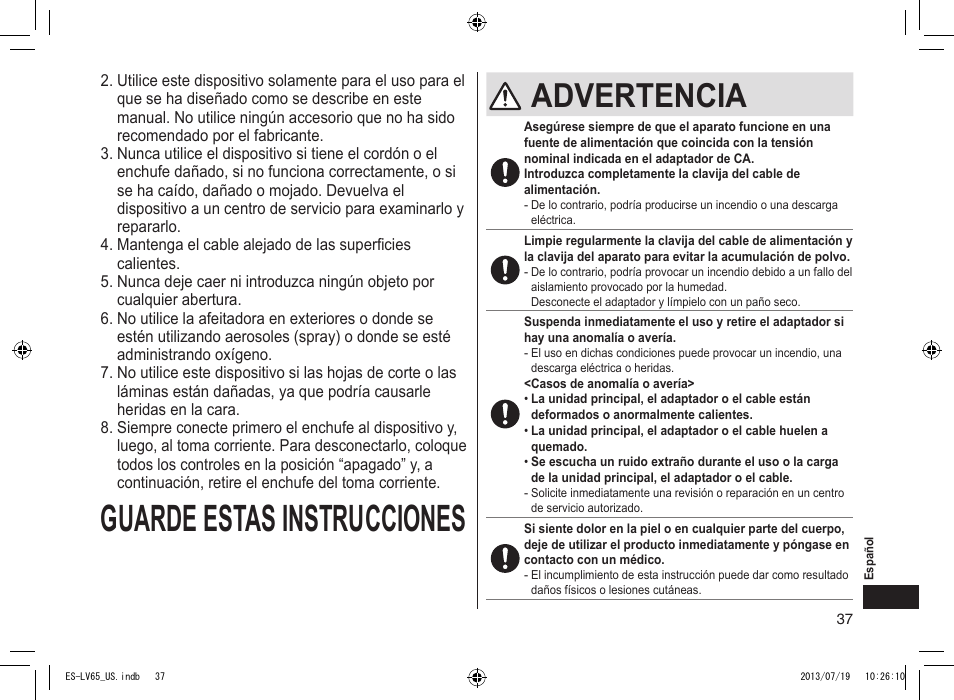 Guardeestasinstrucciones, Advertencia | Panasonic ES-LV65-S User Manual | Page 37 / 52