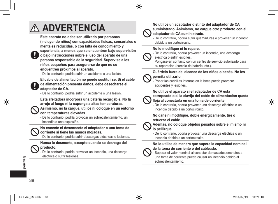 Advertencia | Panasonic ES-LV65-S User Manual | Page 38 / 52