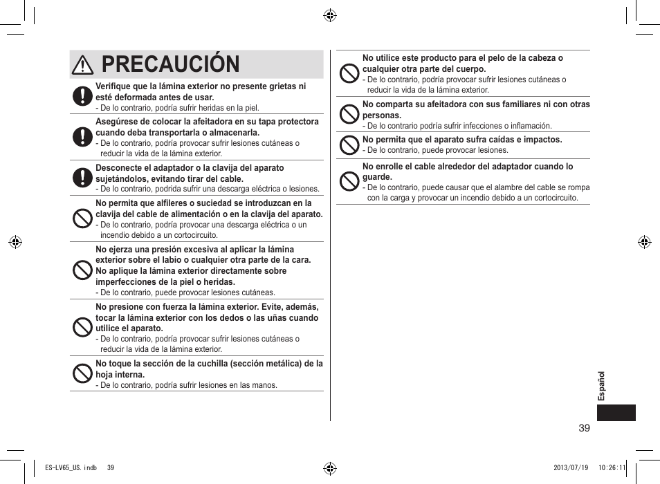 Precaución | Panasonic ES-LV65-S User Manual | Page 39 / 52