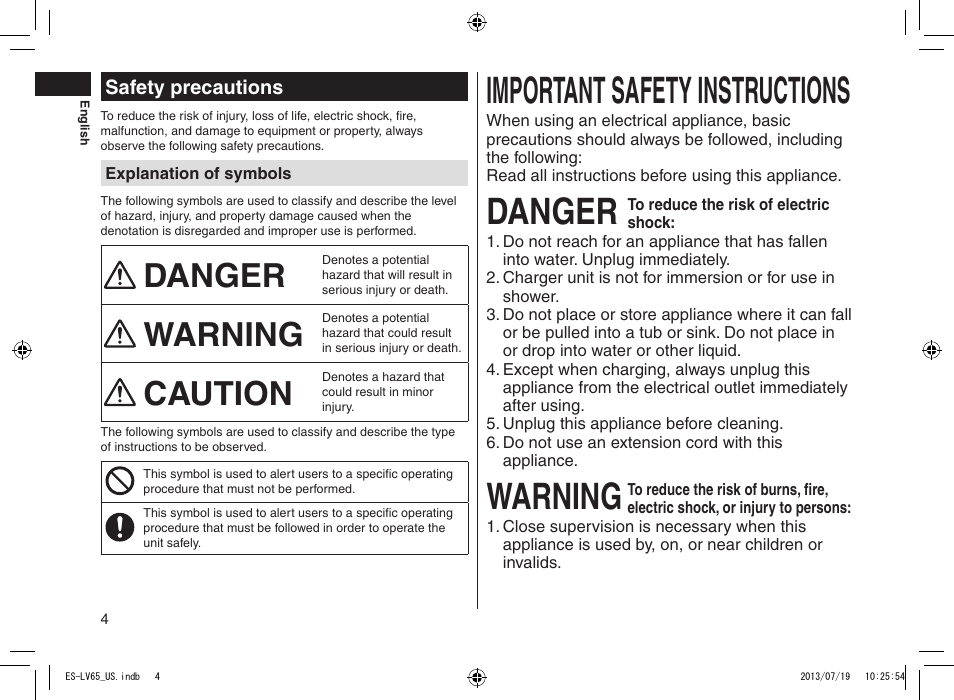 Safety precautions, Importantsafetyinstructions, Danger | Warning, Caution | Panasonic ES-LV65-S User Manual | Page 4 / 52