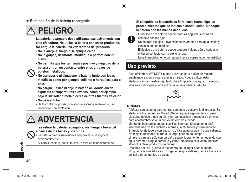 Uso previsto, Peligro, Advertencia | Usoprevisto | Panasonic ES-LV65-S User Manual | Page 40 / 52