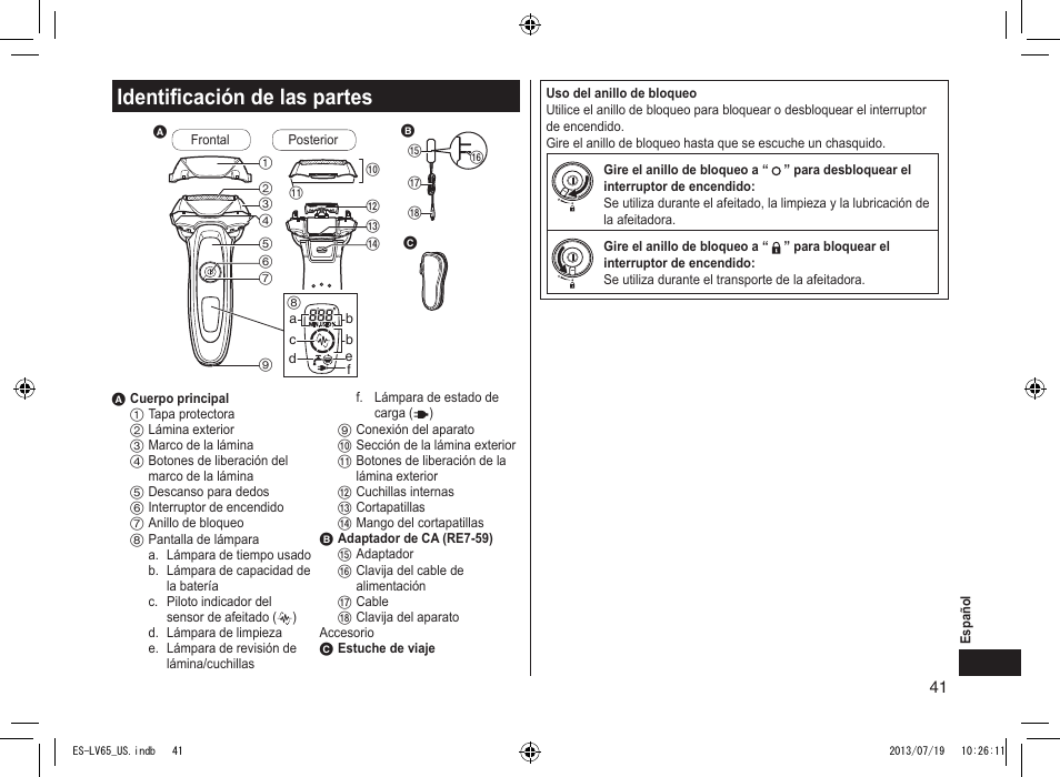 Identificación de las partes, Identificacióndelaspartes | Panasonic ES-LV65-S User Manual | Page 41 / 52