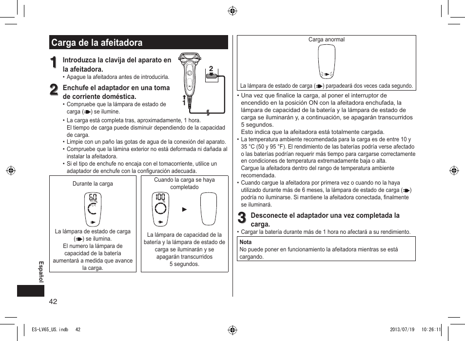 Carga de la afeitadora, Cargadelaafeitadora | Panasonic ES-LV65-S User Manual | Page 42 / 52