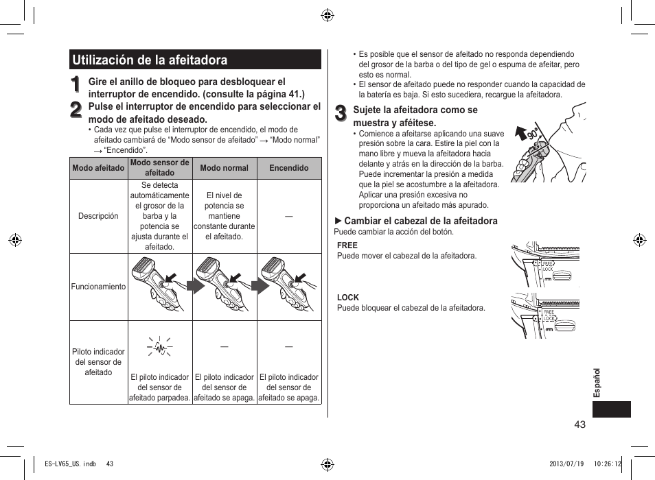 Utilización de la afeitadora, Utilizacióndelaafeitadora | Panasonic ES-LV65-S User Manual | Page 43 / 52