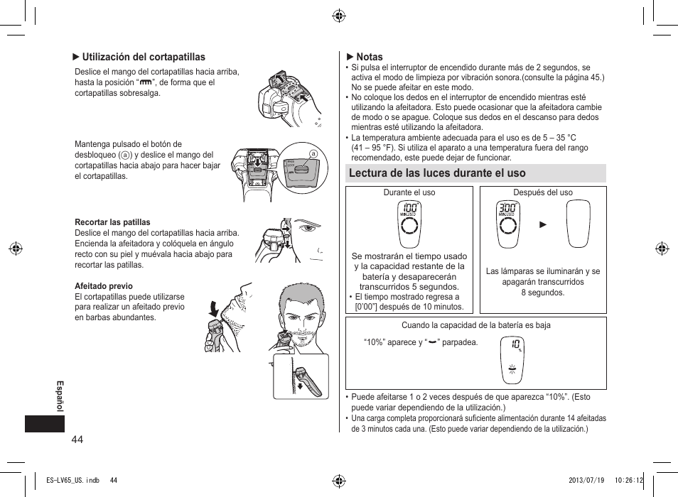 Lecturadelaslucesduranteeluso | Panasonic ES-LV65-S User Manual | Page 44 / 52