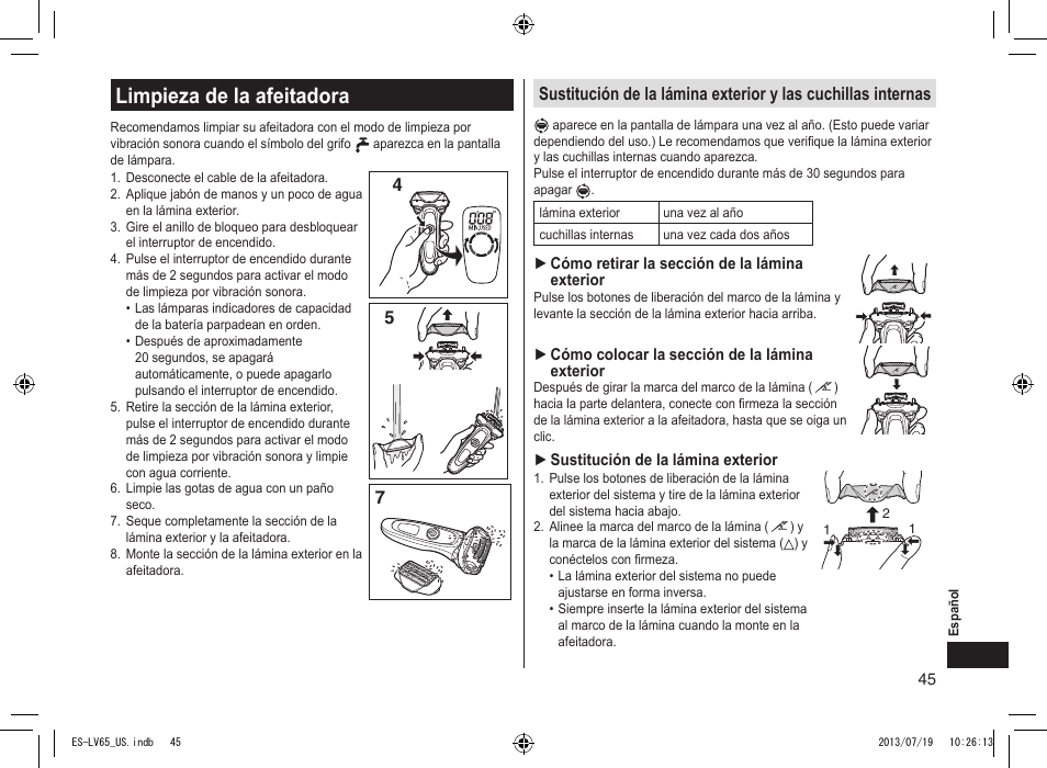 Limpieza de la afeitadora, Limpiezadelaafeitadora | Panasonic ES-LV65-S User Manual | Page 45 / 52