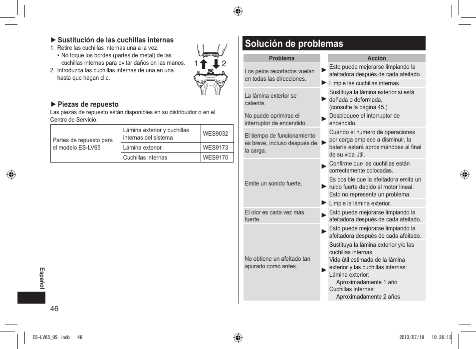 Solución de problemas, Solucióndeproblemas | Panasonic ES-LV65-S User Manual | Page 46 / 52