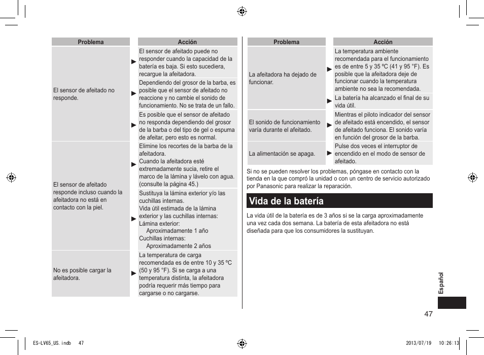 Vida de la batería, Vidadelabatería | Panasonic ES-LV65-S User Manual | Page 47 / 52