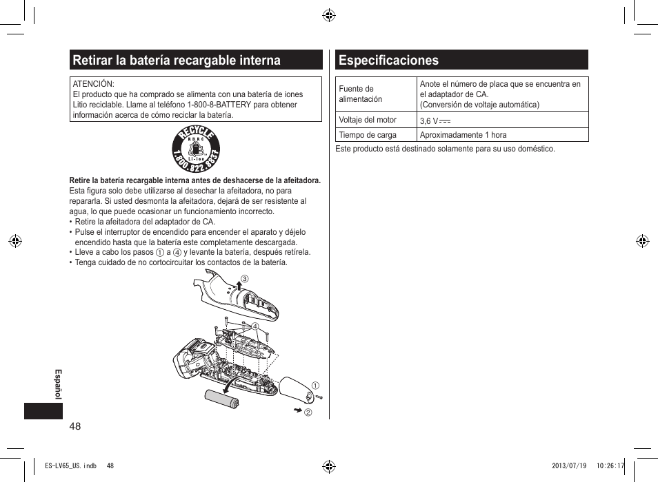 Retirar la batería recargable interna, Especificaciones, Retirarlabateríarecargableinterna | Panasonic ES-LV65-S User Manual | Page 48 / 52