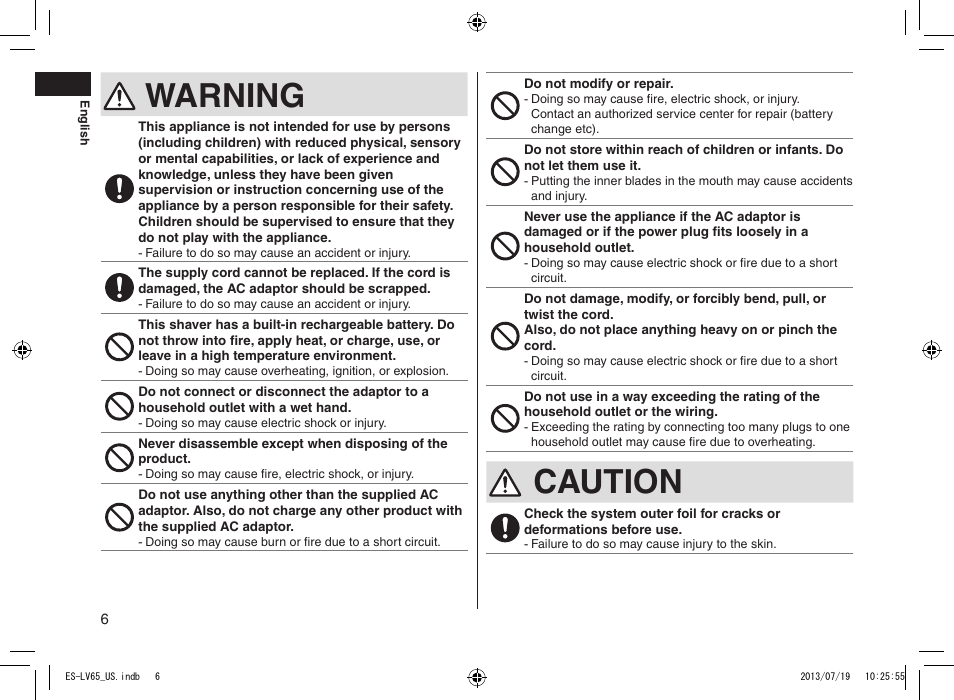 Warning, Caution | Panasonic ES-LV65-S User Manual | Page 6 / 52