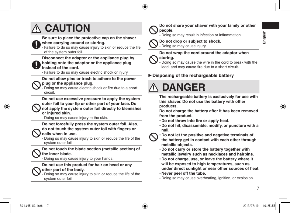 Caution, Danger | Panasonic ES-LV65-S User Manual | Page 7 / 52