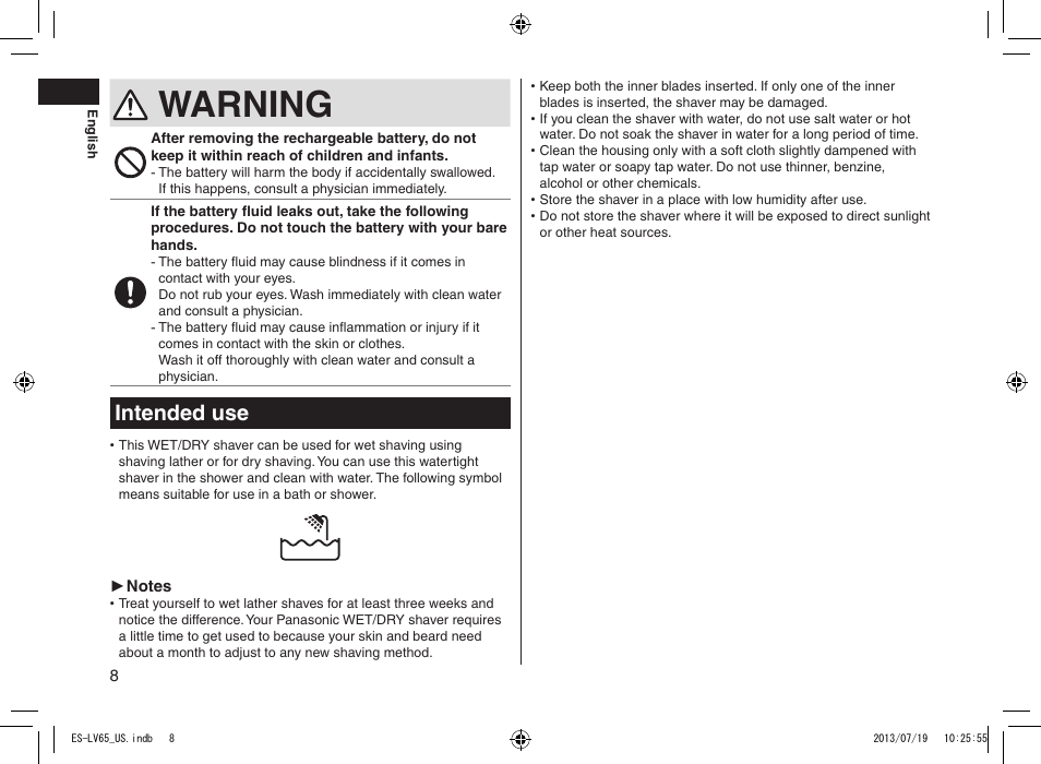 Intended use, Warning, Intendeduse | Panasonic ES-LV65-S User Manual | Page 8 / 52