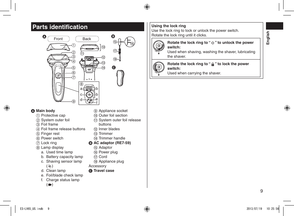 Parts identification, Partsidentification | Panasonic ES-LV65-S User Manual | Page 9 / 52