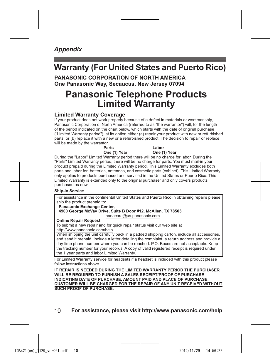 Warranty (for united states and puerto rico), Panasonic telephone products limited warranty | Panasonic KX-TGA421N User Manual | Page 10 / 16